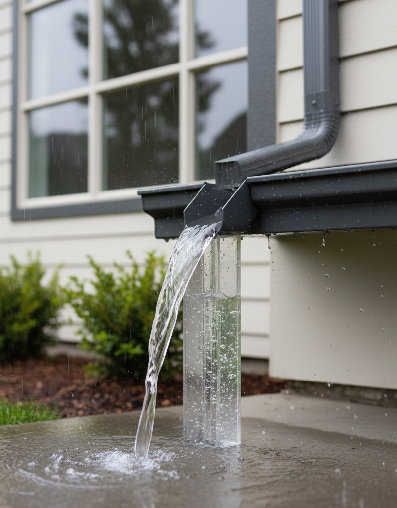 Clean gutter with clear water flowing smoothly into downspout during heavy rain, preventing overflow.