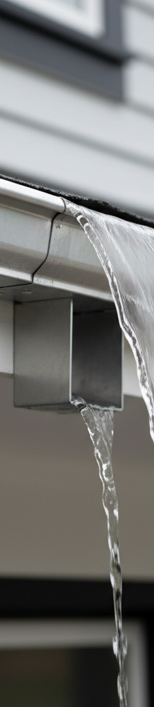 Clean gutter with proper pitch and slight overflow during heavy rain with water flowing down a downspout.
