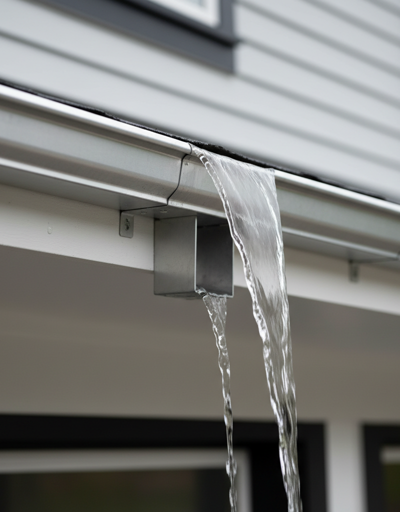 Clean gutter with proper pitch and slight overflow during heavy rain with water flowing down a downspout.