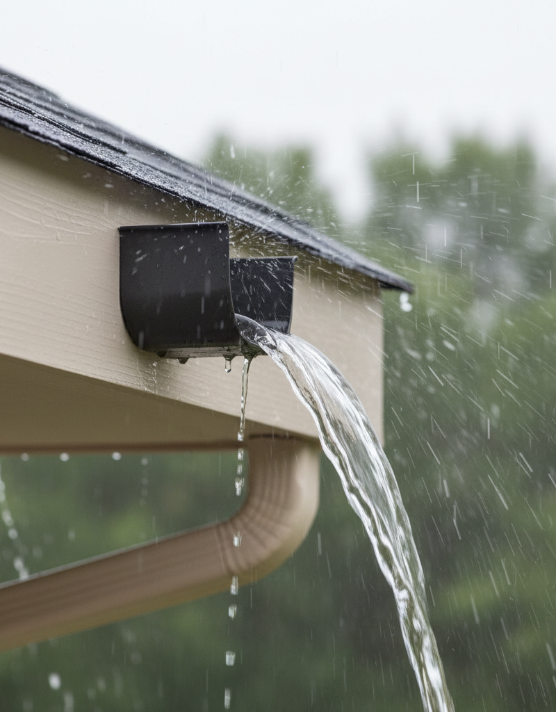 Clean gutter with proper pitch, showing water flowing smoothly towards downspout during heavy rain