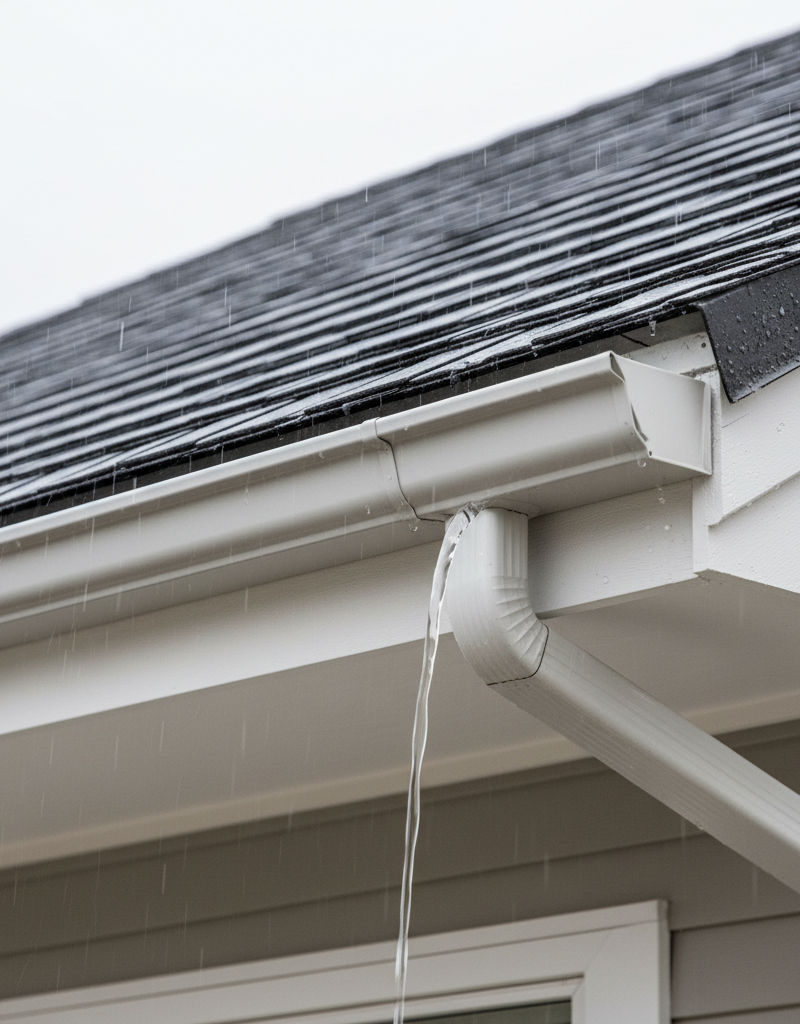 Well-maintained K-style gutter with correct pitch, showing water flowing towards a downspout