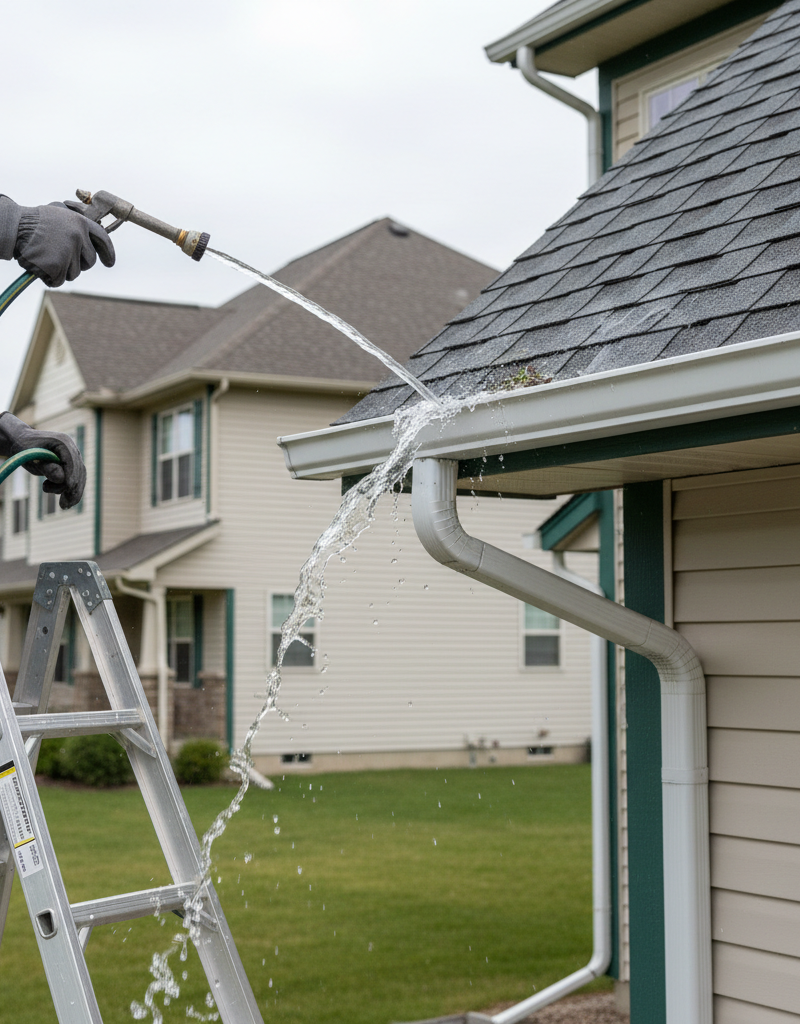 Homeowner on ladder flushing clean gutter with garden hose, water flowing into downspout.