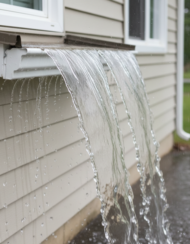 Gutter overflowing with rainwater in a heavy downpour, spilling onto house siding.