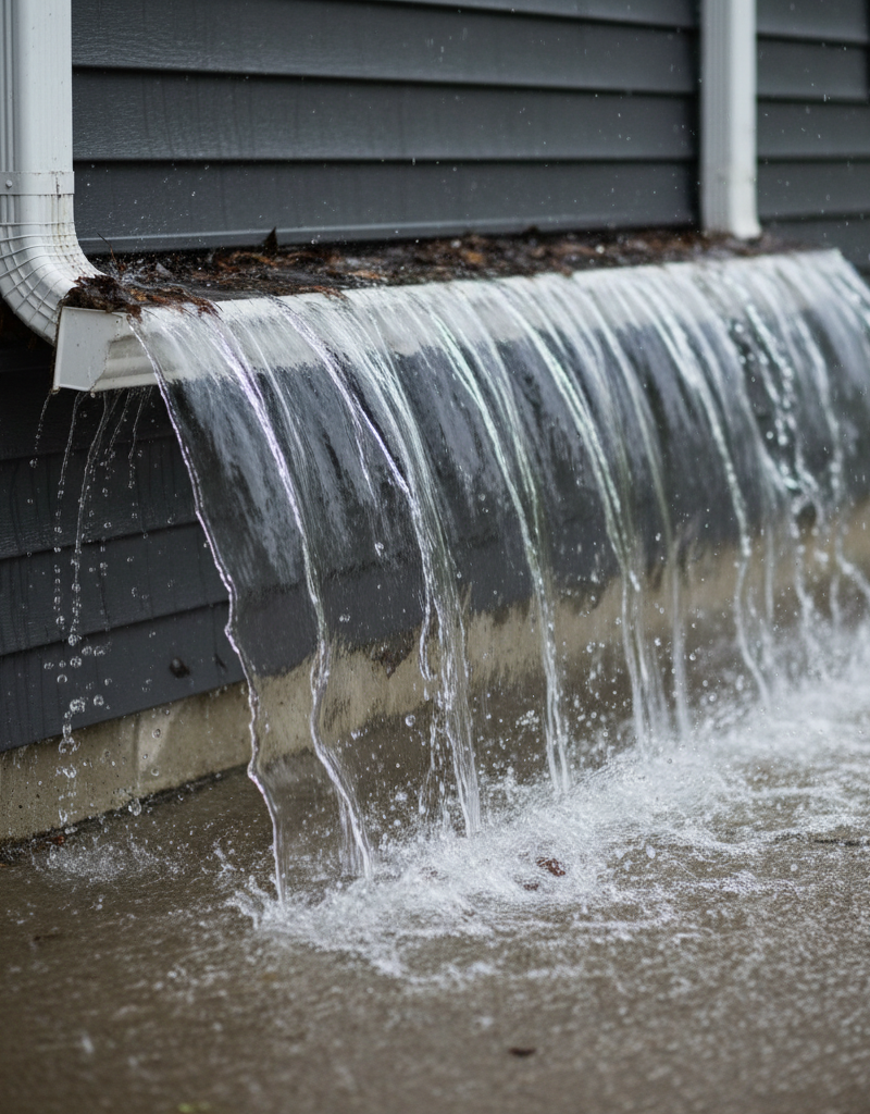 Overflowing K-style gutter during a heavy rainstorm with water cascading over the edges, highlighting a home repair problem.