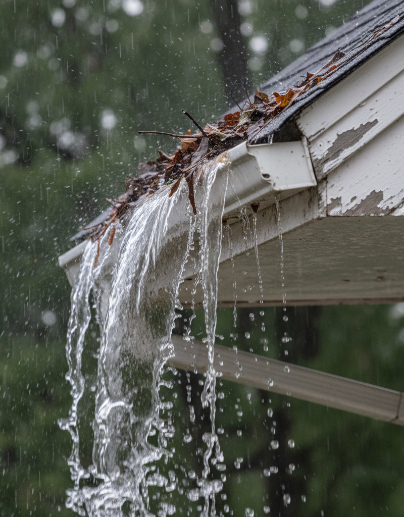 Gutter overflowing with water and leaves during a heavy rainstorm, indicating a clog or other issue.