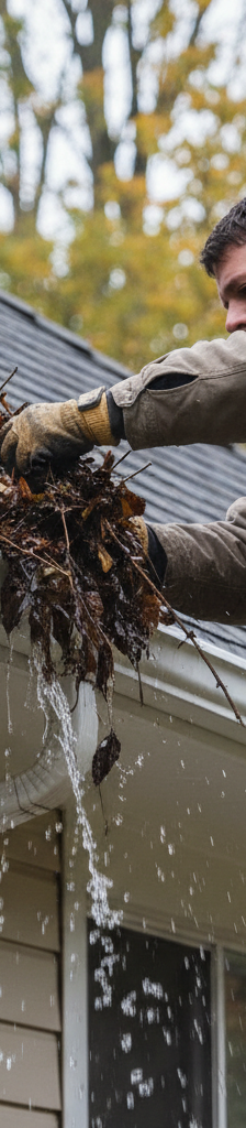 Homeowner on ladder cleaning an overflowing gutter filled with leaves and water.