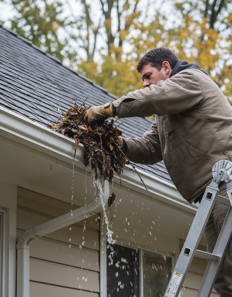 Homeowner on ladder cleaning an overflowing gutter filled with leaves and water.