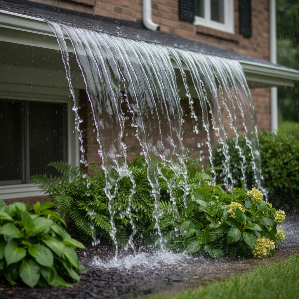 Water torrentially overflowing from a home's clogged gutter during a heavy rainstorm, splashing onto the ground.