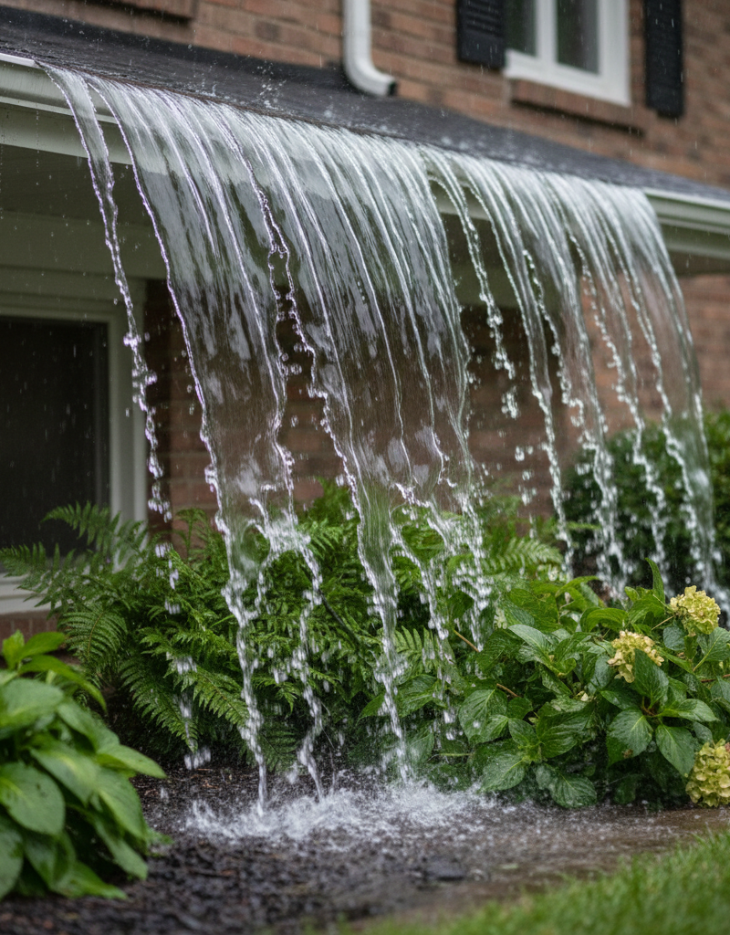 Water torrentially overflowing from a home's clogged gutter during a heavy rainstorm, splashing onto the ground.