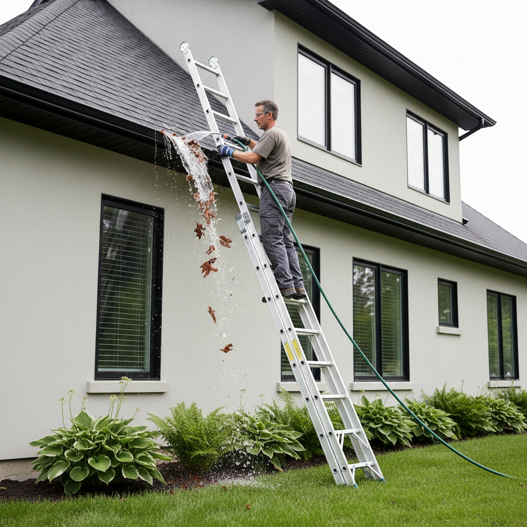 Homeowner safely cleaning overflowing gutters with a ladder and garden hose during heavy rain. Gutter pitch is being checked.