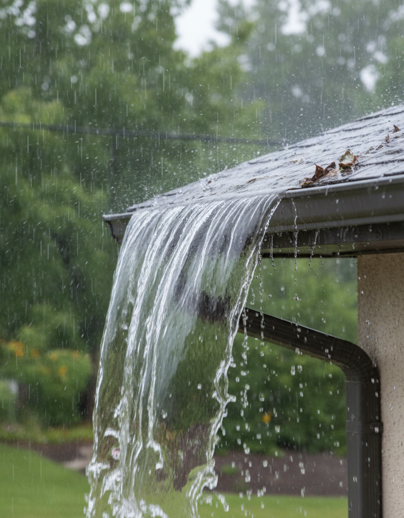 Gutter overflowing with water during a heavy rainstorm, cascading down the side of a house.