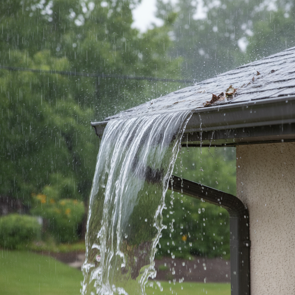 Gutter overflowing with water during a heavy rainstorm, cascading down the side of a house.