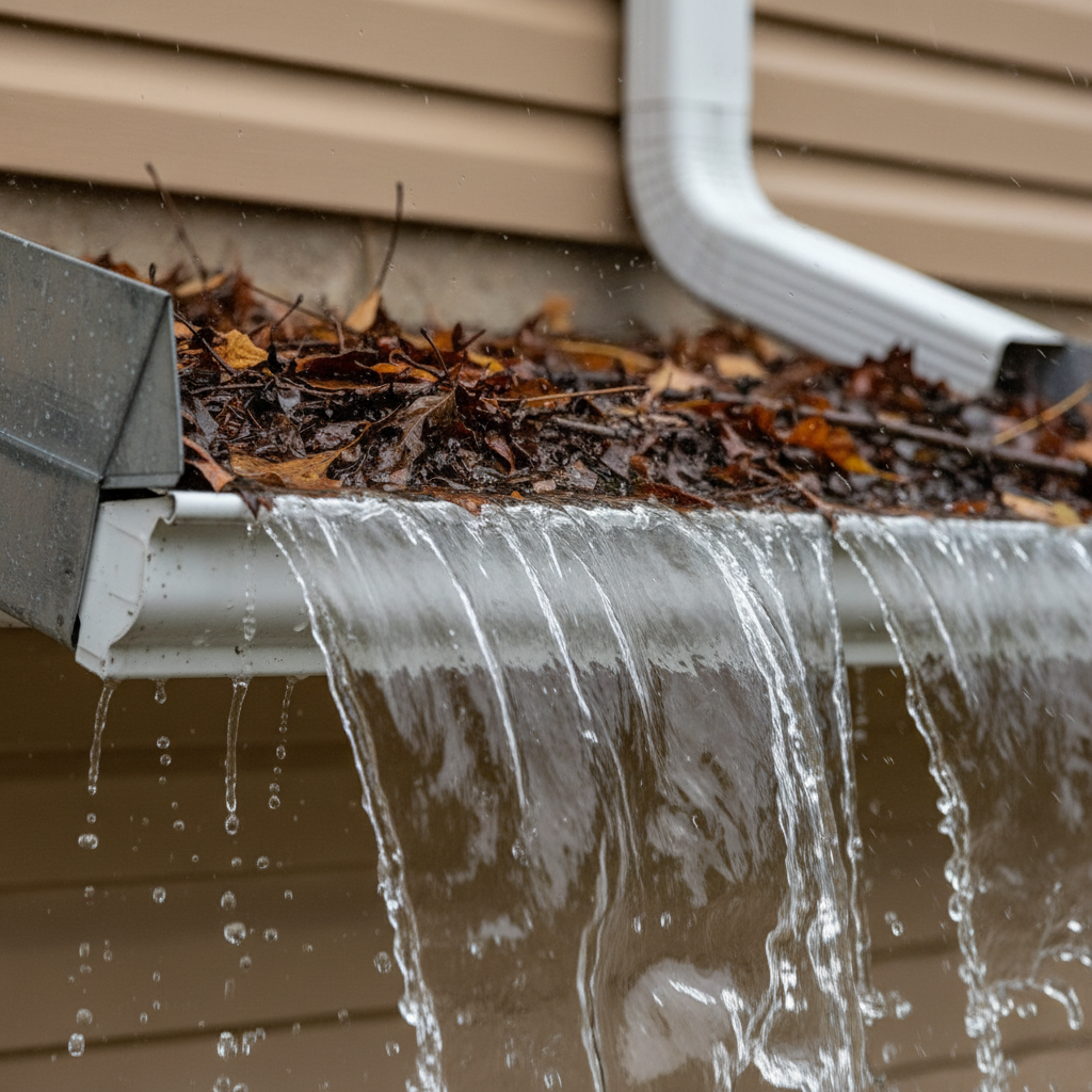 Gutter overflowing with water and leaves during a heavy rainstorm, demonstrating a blockage.