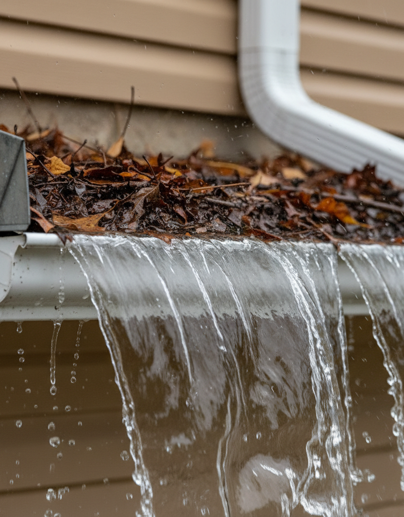 Gutter overflowing with water and leaves during a heavy rainstorm, demonstrating a blockage.