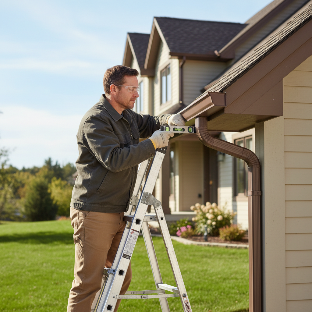 Homeowner on ladder checking a gutter's pitch with a level