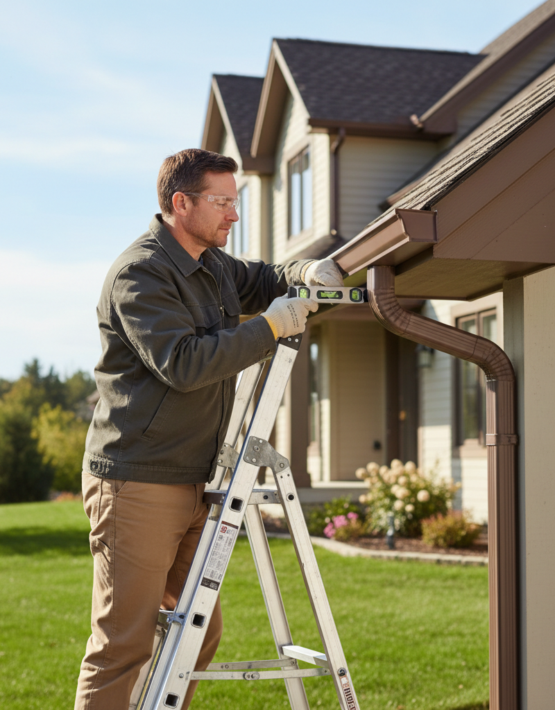 Homeowner on ladder checking a gutter's pitch with a level