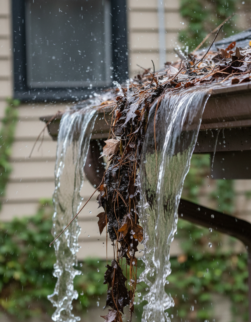 Overflowing gutter during heavy rain, spilling water onto the ground next to a house foundation.