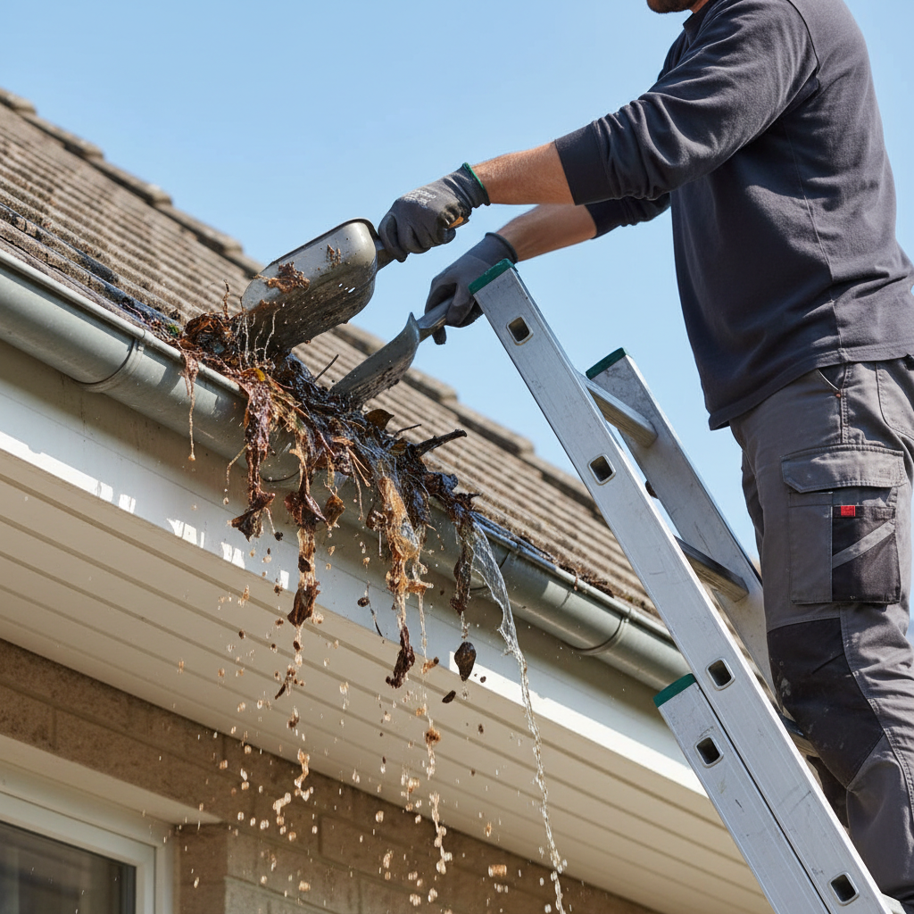 Homeowner on ladder cleaning leaves from an overflowing gutter