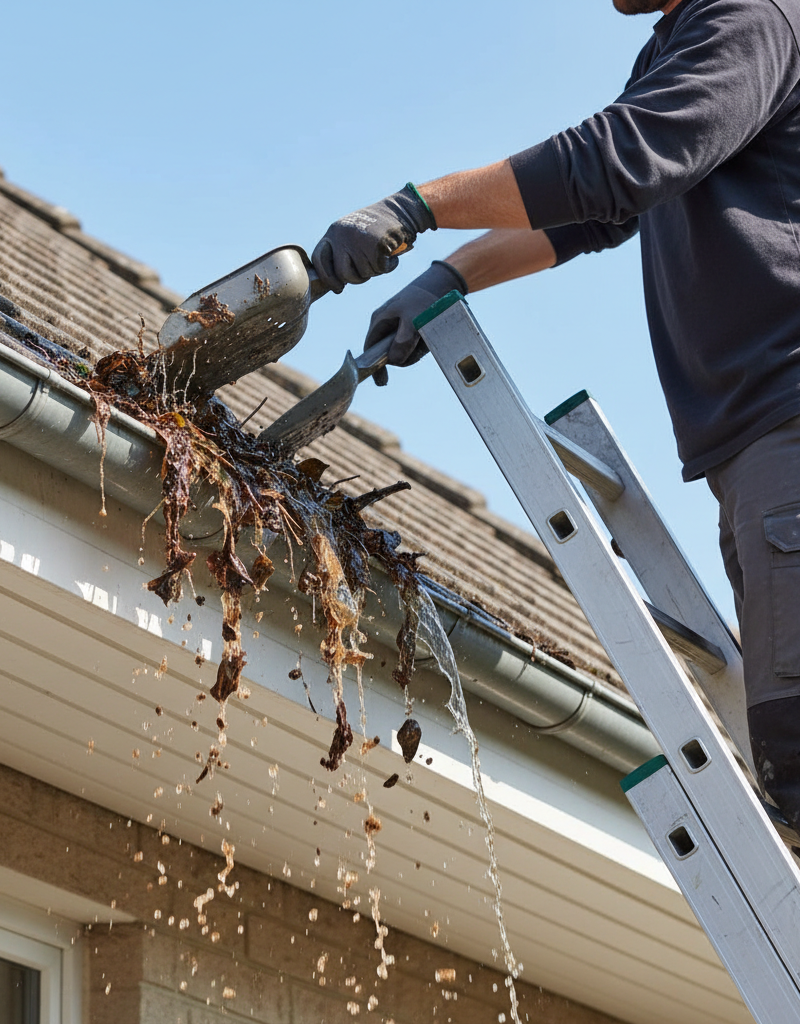 Homeowner on ladder cleaning leaves from an overflowing gutter