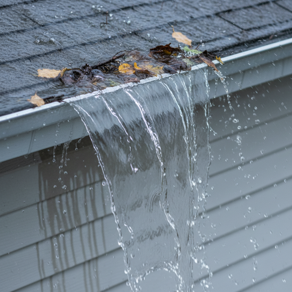 Gutter overflowing with water during a heavy rainstorm, with leaves and debris visible inside.