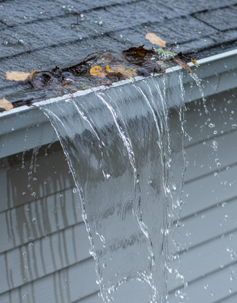 Gutter overflowing with water during a heavy rainstorm, with leaves and debris visible inside.