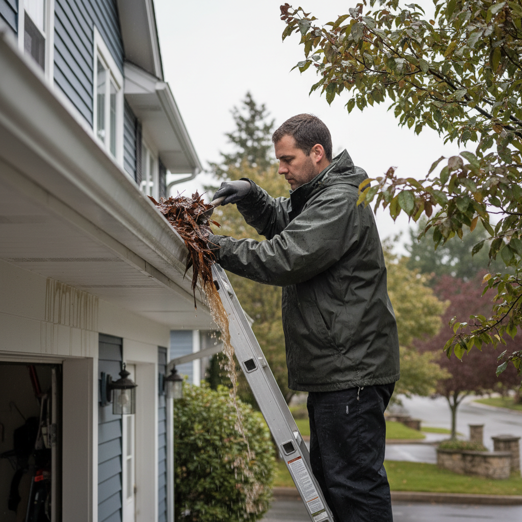 Homeowner safely cleaning a clogged gutter during heavy rain with water overflowing, protecting their home.