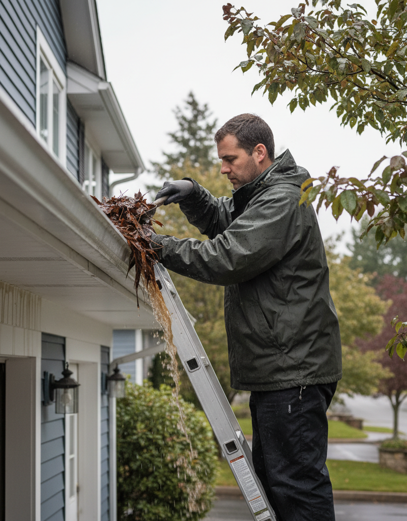 Homeowner safely cleaning a clogged gutter during heavy rain with water overflowing, protecting their home.