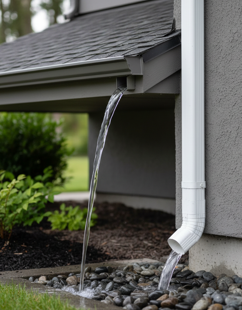 Clean gutter with water flowing correctly into a downspout, preventing overflow during rain.
