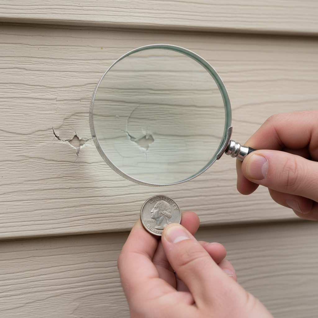 Close-up of vinyl siding with subtle crescent-shaped hail damage next to a magnifying glass.