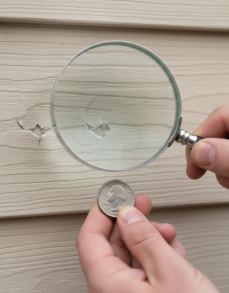 Close-up of vinyl siding with subtle crescent-shaped hail damage next to a magnifying glass.