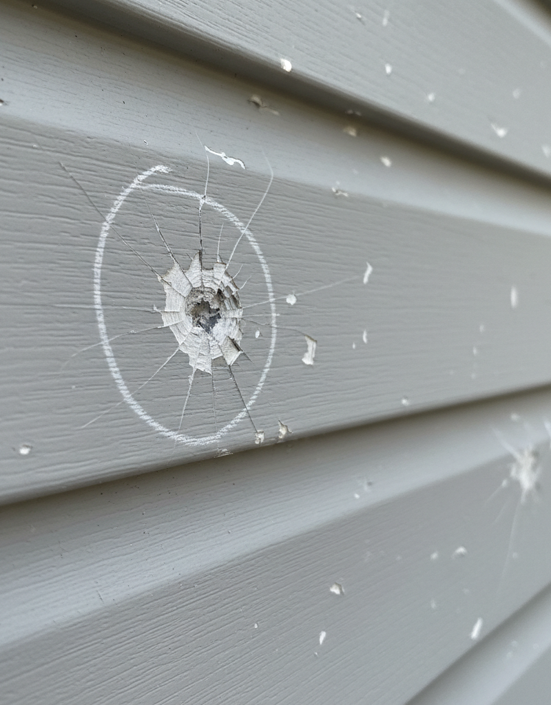 Close-up of vinyl siding showing clear starburst cracks and chips from hail, with a chalk mark highlighting damage.