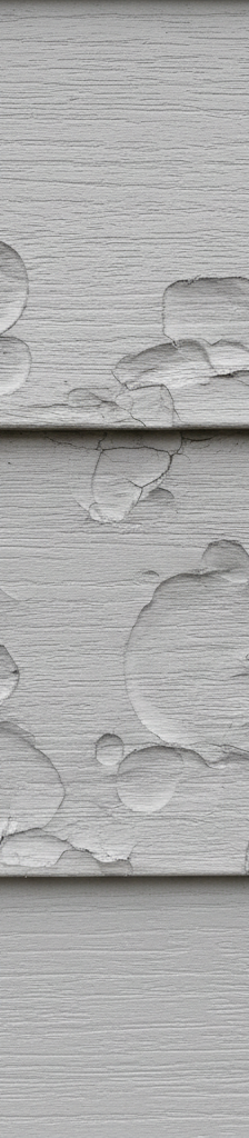 Close-up of residential vinyl siding with circular dents and small cracks from hailstones.