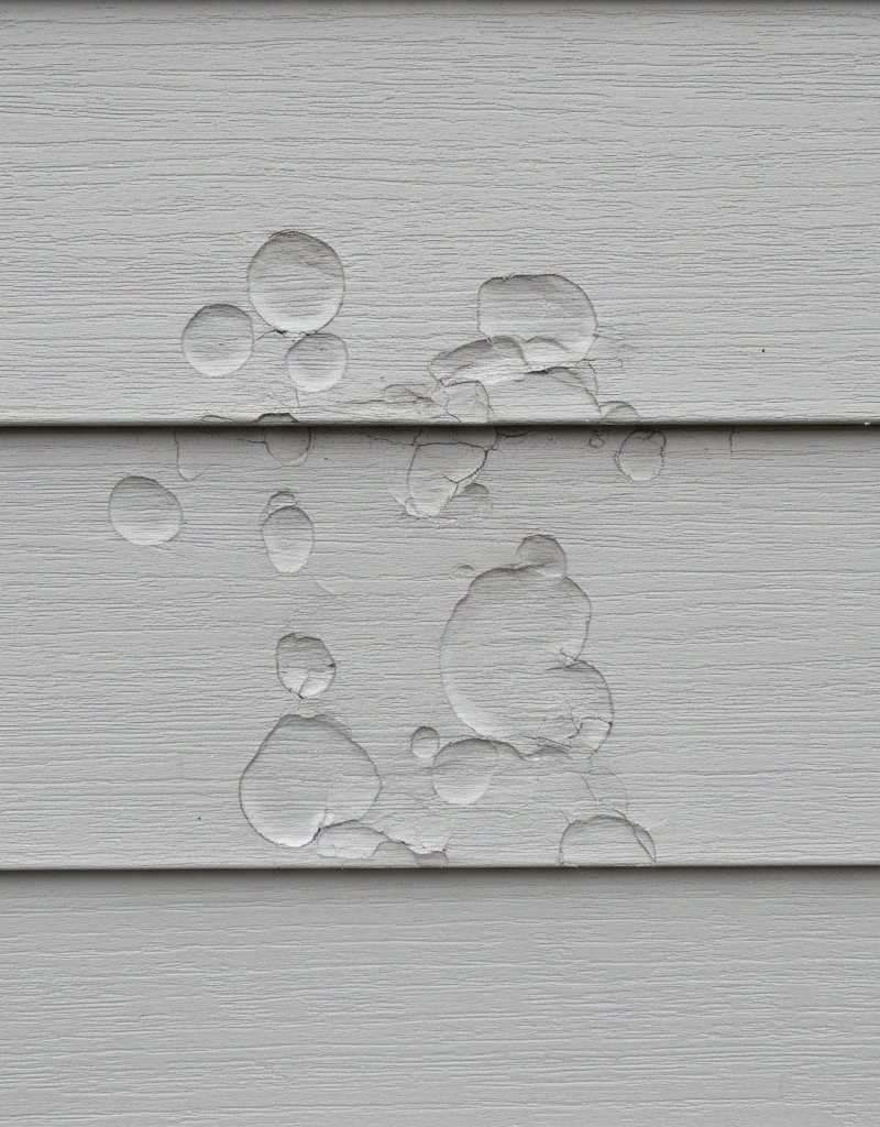 Close-up of residential vinyl siding with circular dents and small cracks from hailstones.