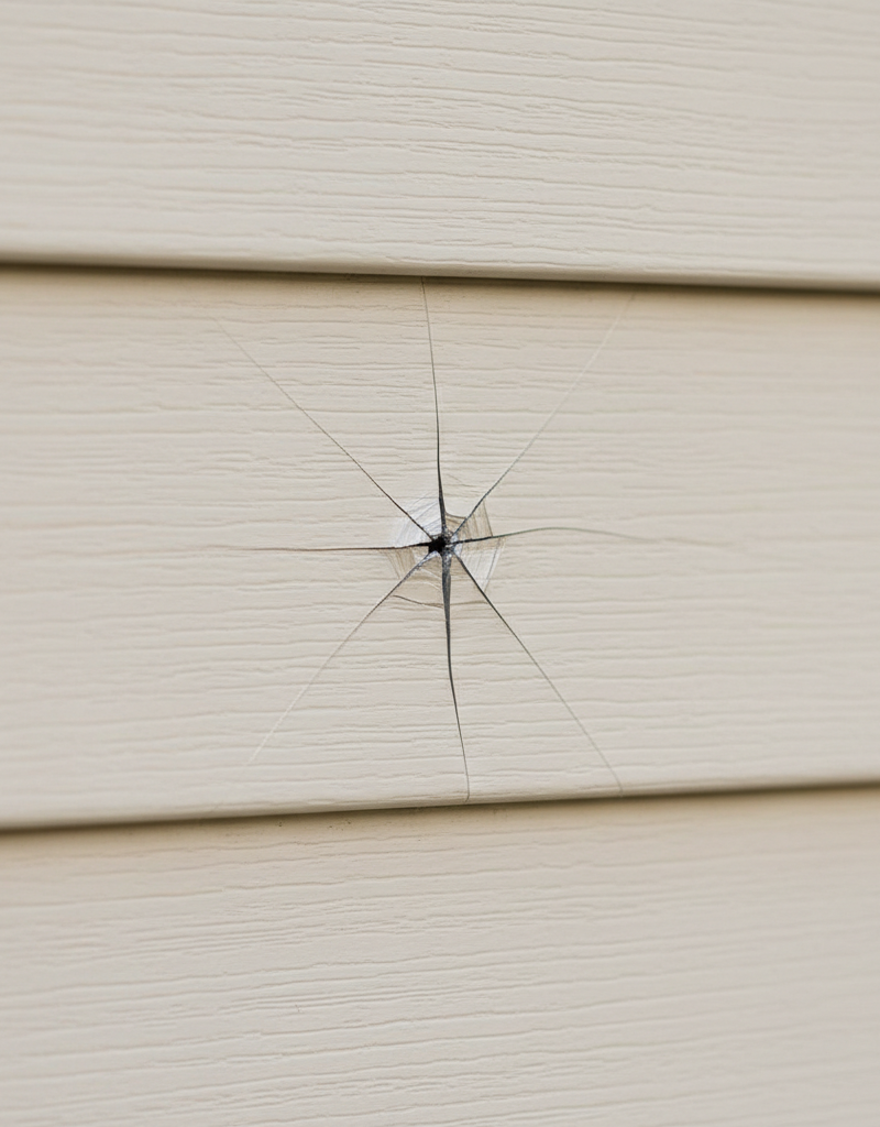 Close-up of a vinyl siding panel showing a subtle, starburst-shaped crack from hail damage.