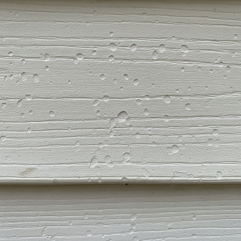 Close-up of vinyl siding with subtle hail damage, showing small impact marks and cracks.