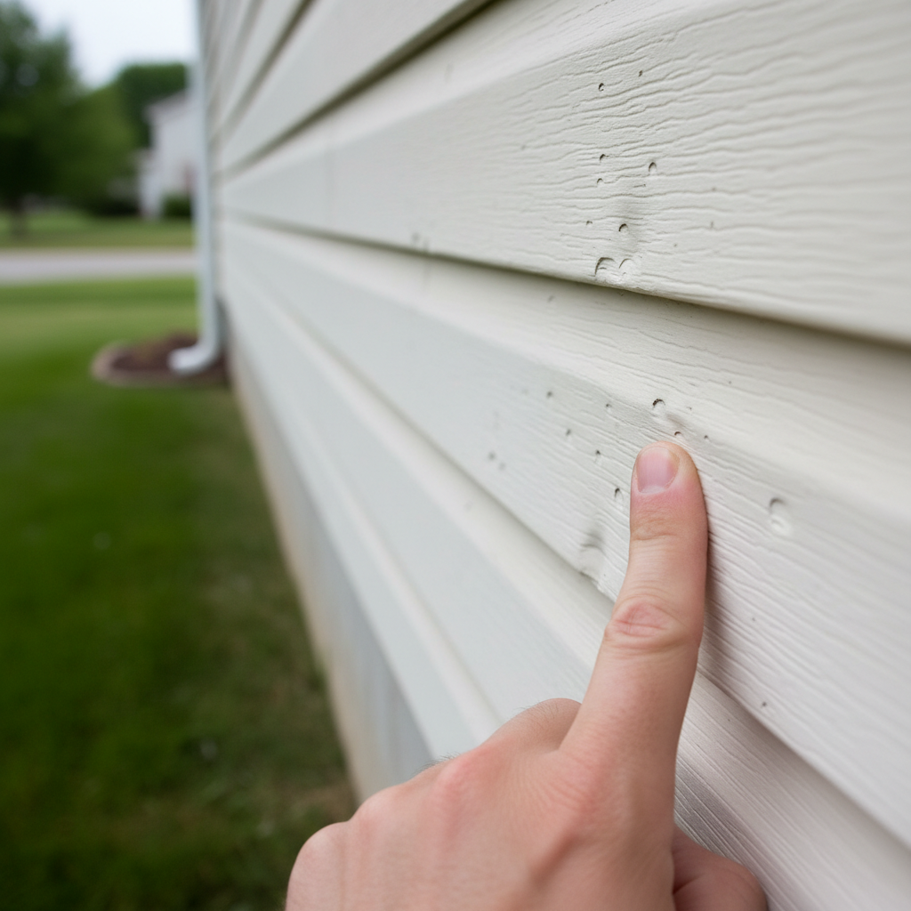 Close-up of vinyl siding with subtle hail damage, a hand pointing to a small crack.