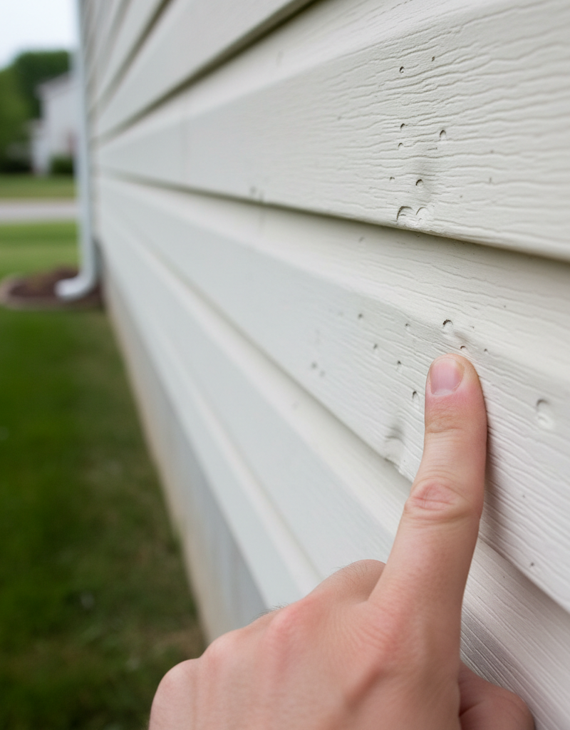Close-up of vinyl siding with subtle hail damage, a hand pointing to a small crack.
