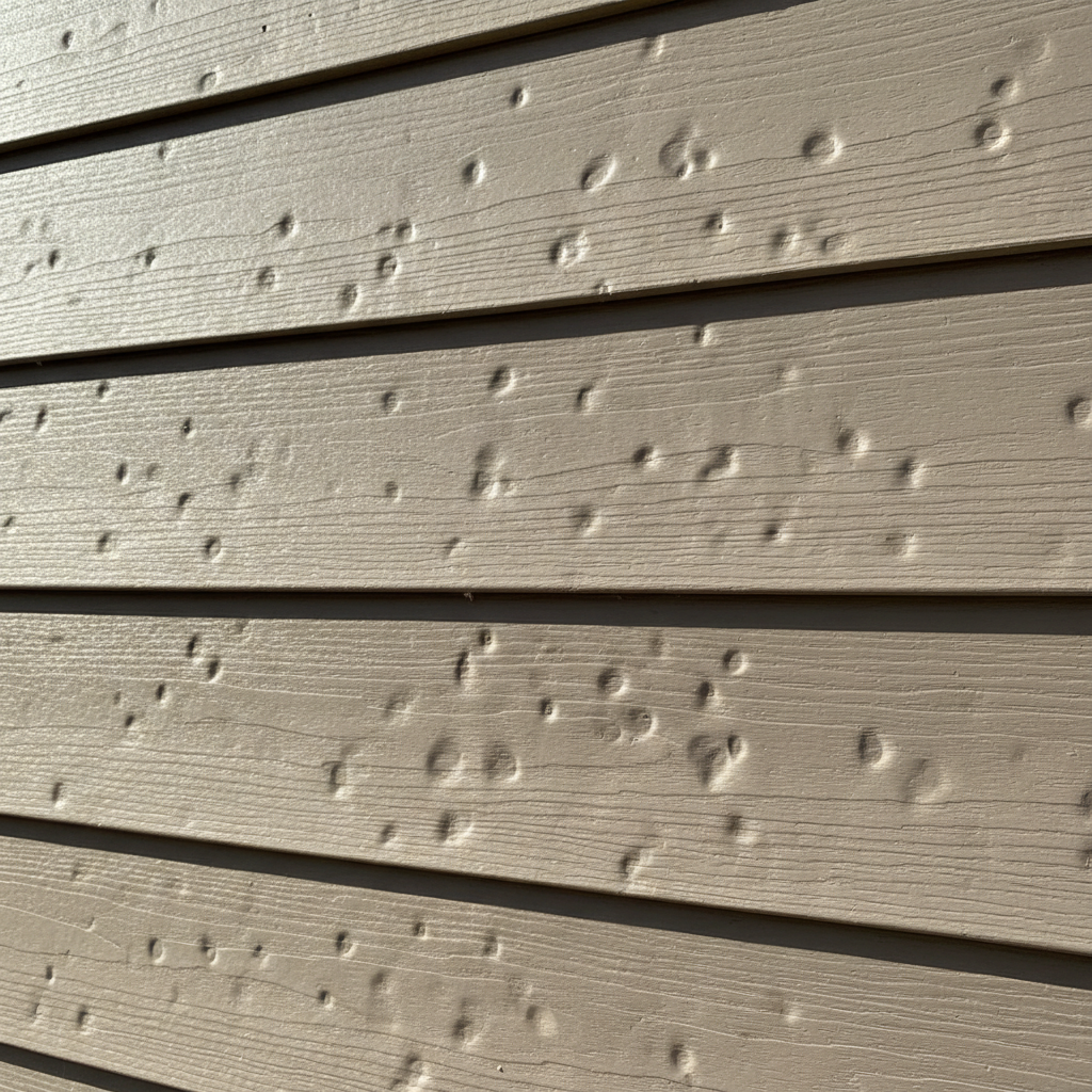 Close-up of residential vinyl siding showing subtle circular dents from hail impact.
