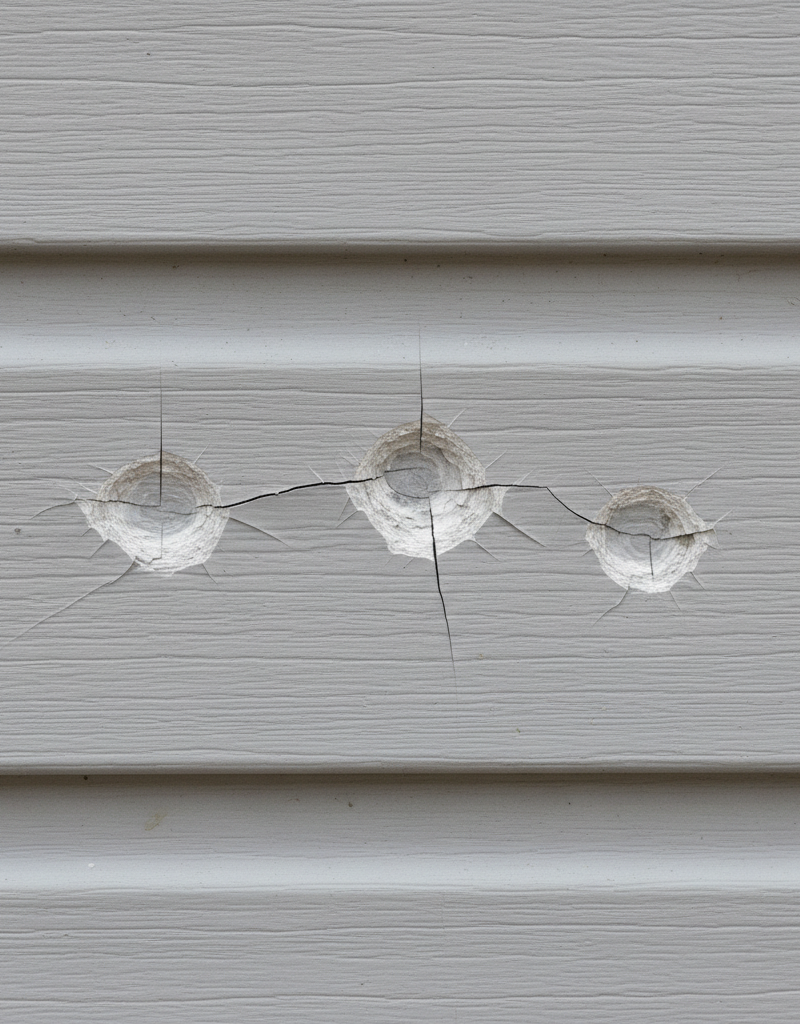 Close-up of light grey vinyl siding showing multiple crescent-shaped cracks and starburst patterns from hail damage.