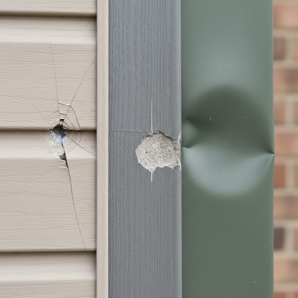 Close-up view of a home's siding showing various forms of hail damage, including a cracked vinyl panel, a chipped fiber cement board, and a dented aluminum section, illustrating the impact of a recent hailstorm.
