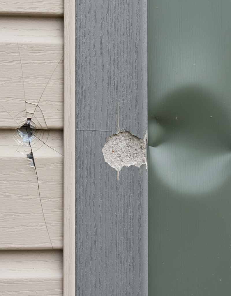 Close-up view of a home's siding showing various forms of hail damage, including a cracked vinyl panel, a chipped fiber cement board, and a dented aluminum section, illustrating the impact of a recent hailstorm.