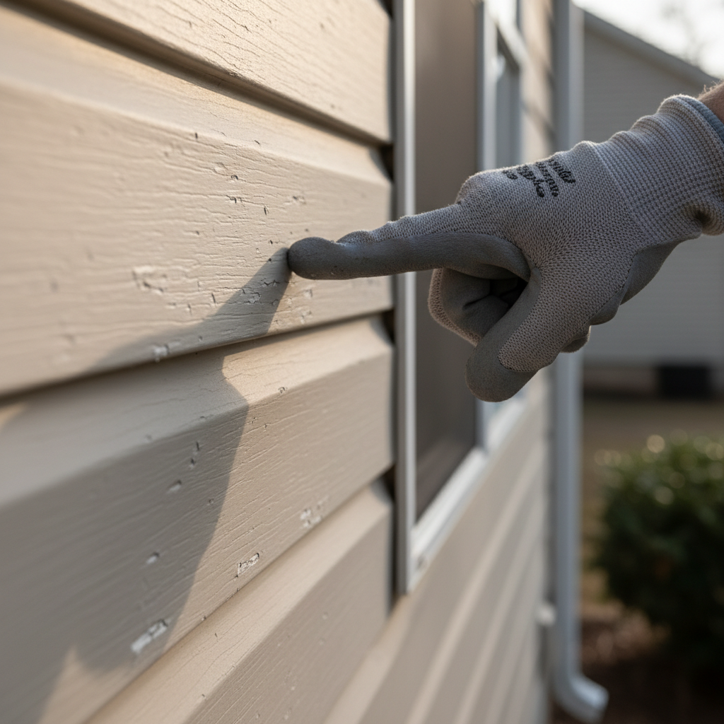 Homeowner inspecting subtle hail damage on vinyl siding panels after a storm.