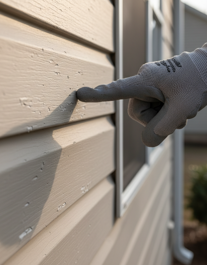 Homeowner inspecting subtle hail damage on vinyl siding panels after a storm.