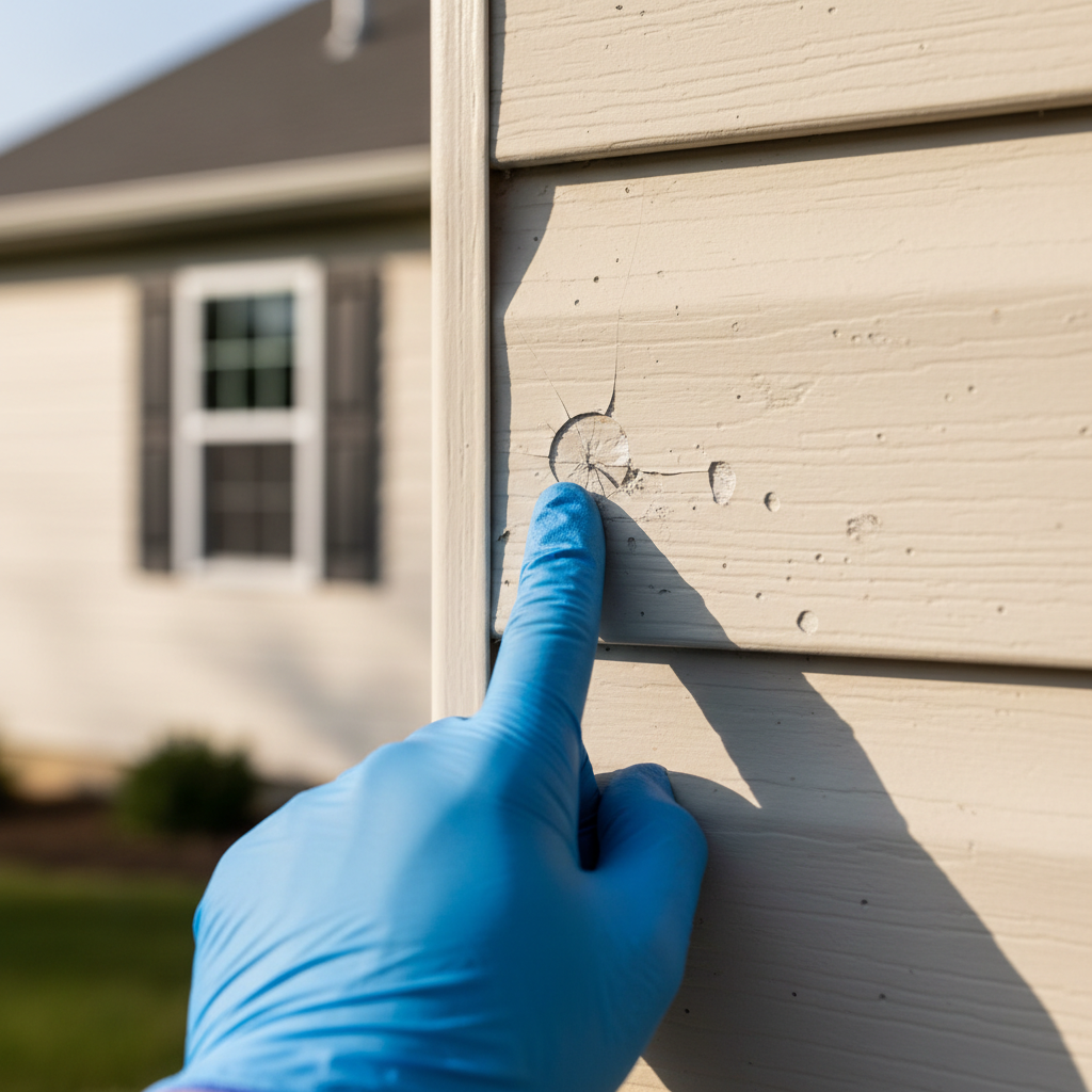 Close-up of vinyl siding with hail damage, a gloved hand pointing.