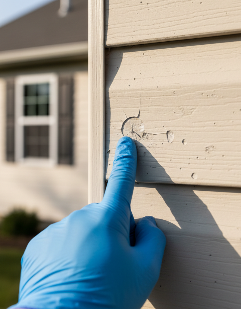 Close-up of vinyl siding with hail damage, a gloved hand pointing.