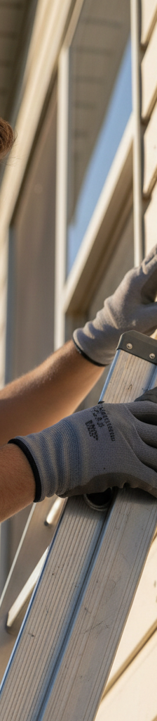 Homeowner inspecting vinyl siding for hail damage on a sunny day