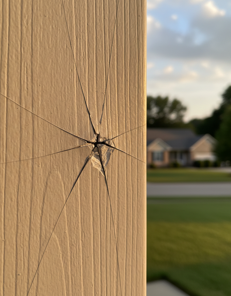Close-up of residential vinyl siding showing characteristic star-shaped crack from hail impact