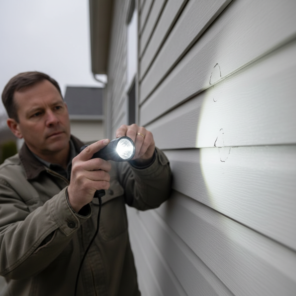 Homeowner inspecting vinyl siding for hail damage with a flashlight at an angle, looking for subtle dents and cracks.