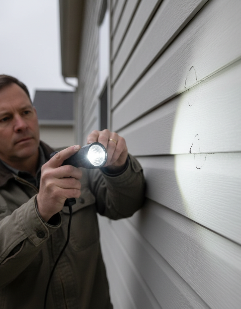 Homeowner inspecting vinyl siding for hail damage with a flashlight at an angle, looking for subtle dents and cracks.
