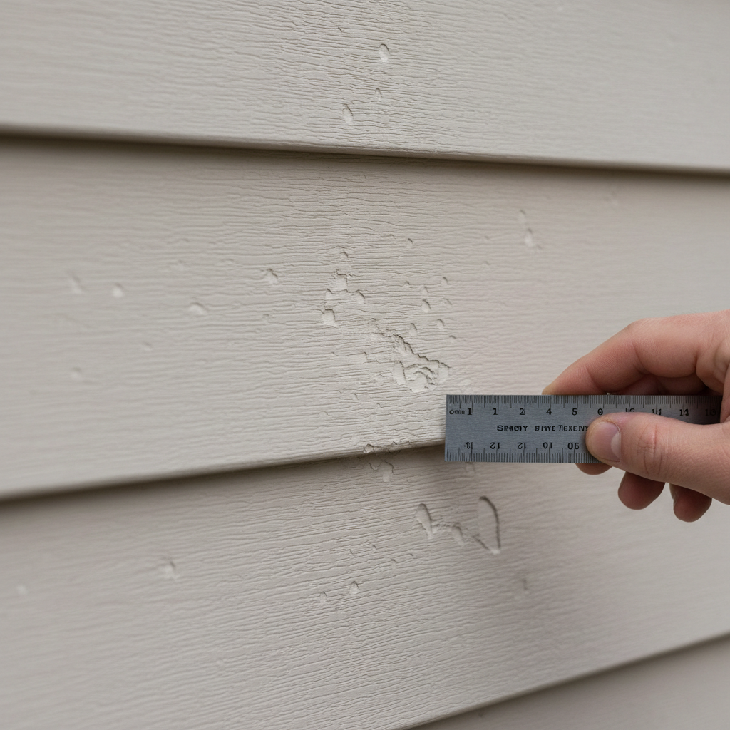 Close-up of vinyl siding showing subtle hail damage and a ruler for scale.